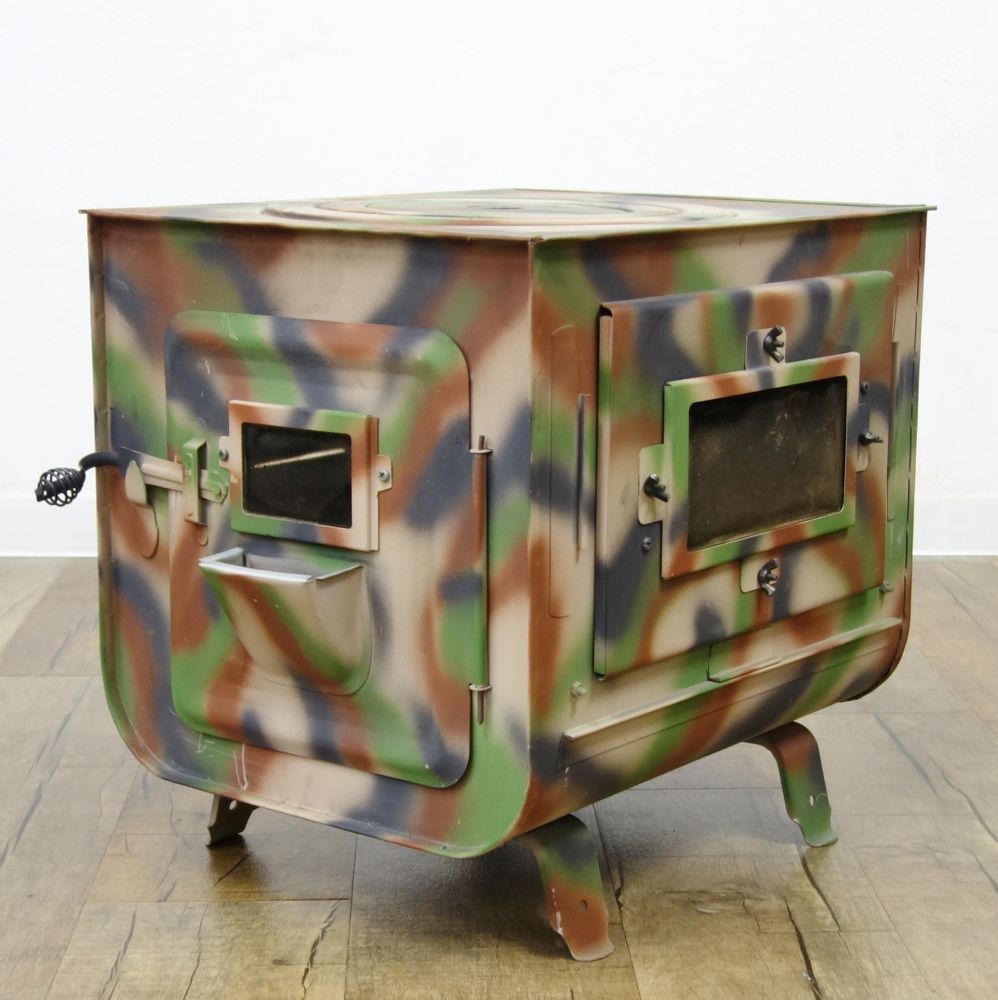 しんぽセイサクジョ 新保製作所 迷彩 ミニ薪ストーブ 3面窓付 煙突 横出し 調