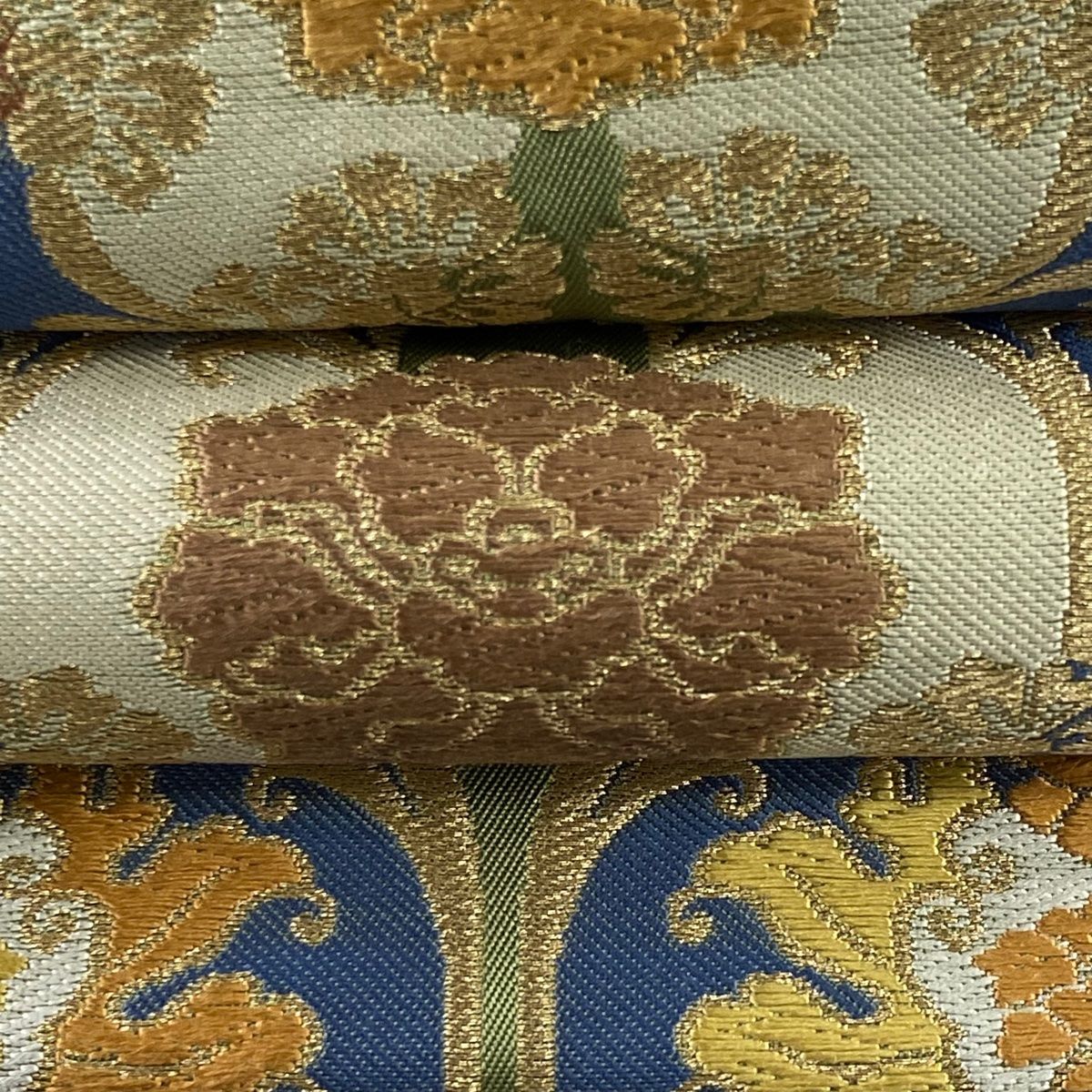 袋帯 美品 逸品 川島織物 落款 草花 幾何学模様 金糸 灰緑 六通