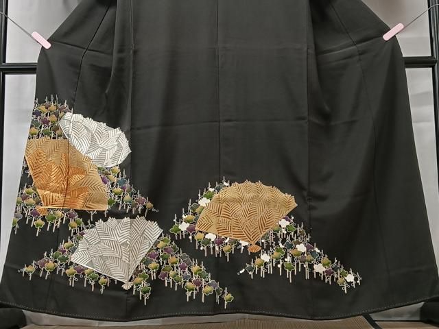 平和屋着物□豪華黒留袖 駒刺繍 若松扇文 金彩 正絹 逸品 CAAX1603xe