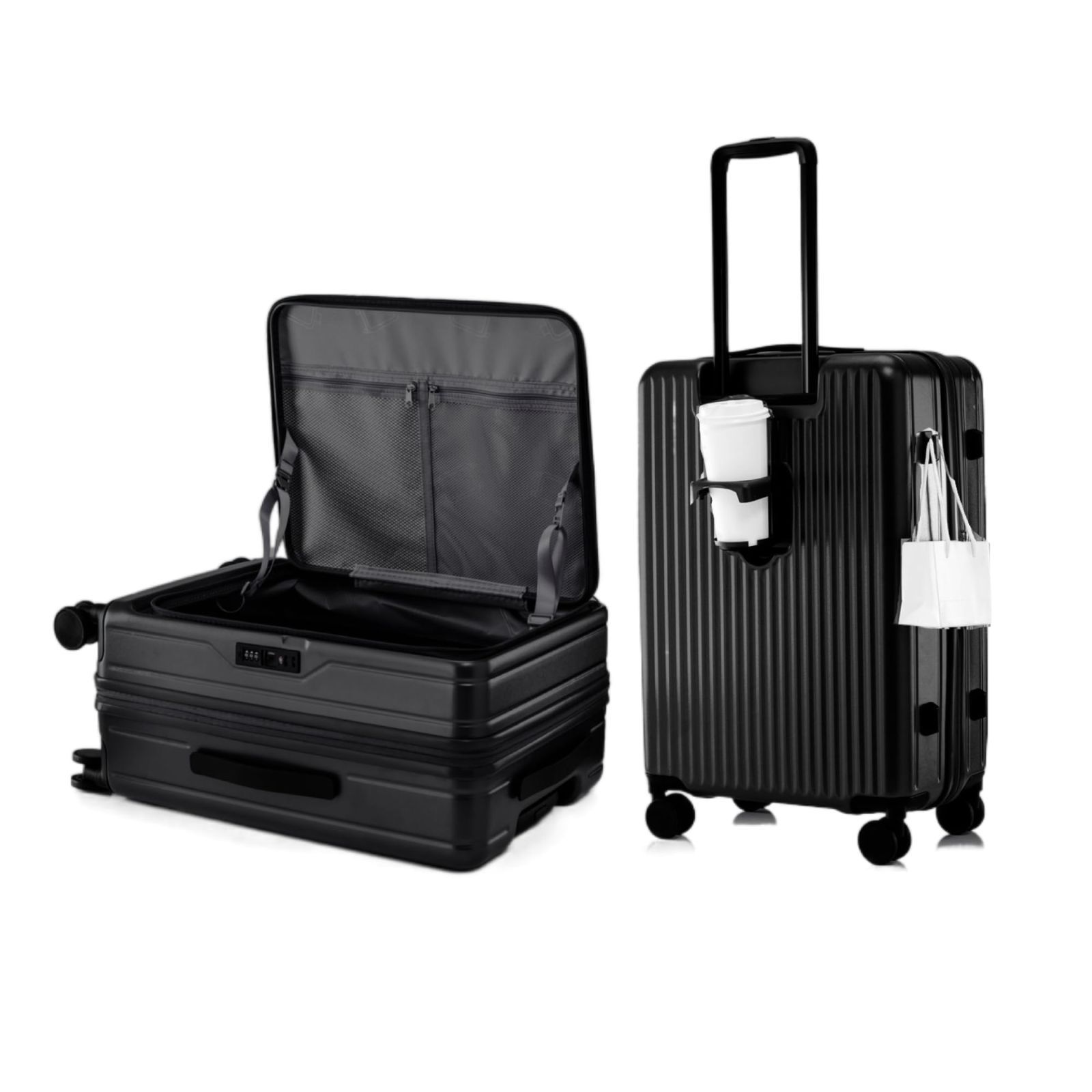 商品 ビジネス 横開き キャリーバッグ 出張 TSAロック カップホルダー付き 1-3泊 ファスナータイプ 超軽量 39l~47リットル 機内持ち込み 大容量 ダークブラック フロントオープン 拡張機能付き Sサイズ ハード 片開き 35*23*55cm
