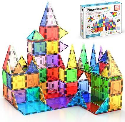 PicassoTiles 100 Piece Set 100pcs Magnet Building Tiles Clear Magnetic 3D Blocks Construction Playboards Creativity Bey