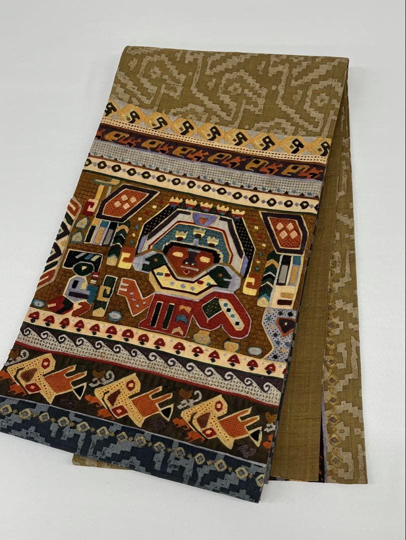 相良刺繍 汕頭刺繍 紬地 袋帯 古代壁画文 カラー芯 正絹 お太鼓柄