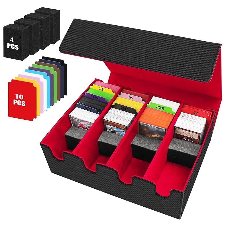 HIMOMO デッキケース 大容量 2800+枚以上のストレージボックス トレカ PU レザー 10つの仕切り付きスポンジ4個付属 TCG、遊戯王、MTG、PTCG、野球カード用 黒赤 年賀 正月 新年の贈り物 クリスマス