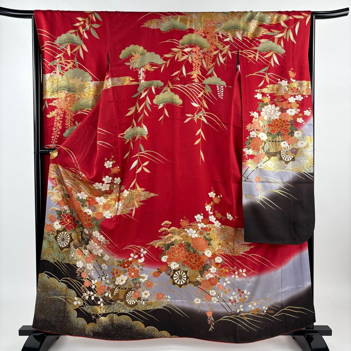 振袖 身丈159.5cm 裄丈64cm M 袷 鈴乃屋 花車 霞 金糸 金彩 赤