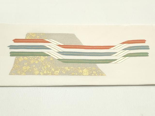 平和屋着物○塩瀬 九寸名古屋帯 抽象横段文 生成り色