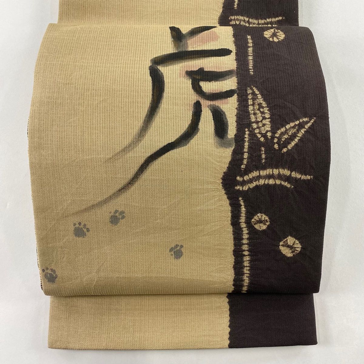 ANo.1940 未使用正絹大島紬(樹下鳥獣)幾何学袋帯　証紙　美品 袋帯 美品 名品 証紙 大島紬地 幾何学 銀彩 茶緑色 全通 正絹