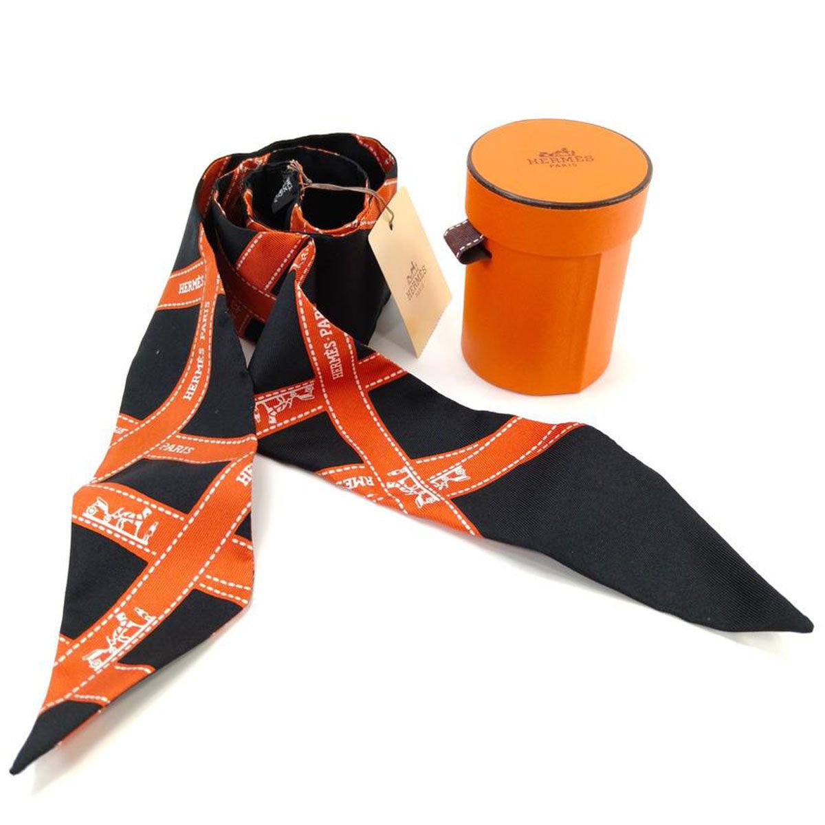 HERMES エルメス ツイリー オレンジ ブラック ドット 箱付き HERMES エルメス ツイリー オレンジ ブラック ドット 箱付き
