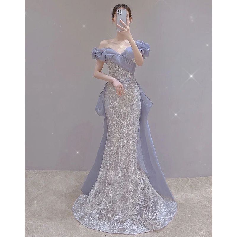 スパンコール魚尾イブニングドレス ウェディングドレス オフショルダー演奏会ドレス 花嫁 二次会 フォトウェディング向け 結婚式 披露宴 二次会 前撮り フォトウェディング 成人式 卒業式