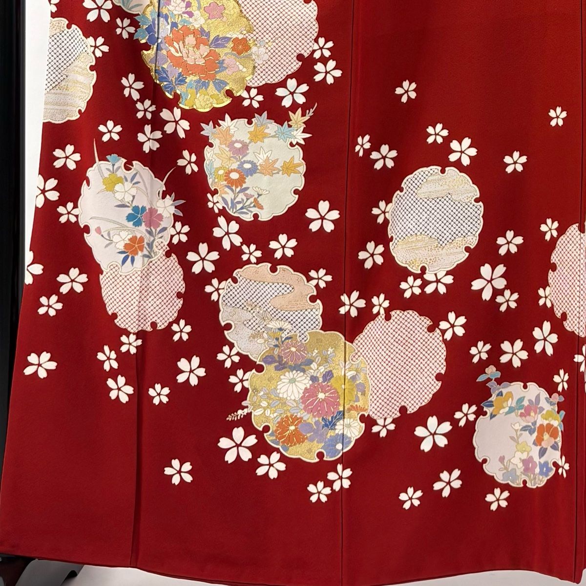 振袖 身丈162.5cm 裄丈67cm M 袷 袋帯フルセット 雪輪 桜 金糸 金彩 赤 正絹