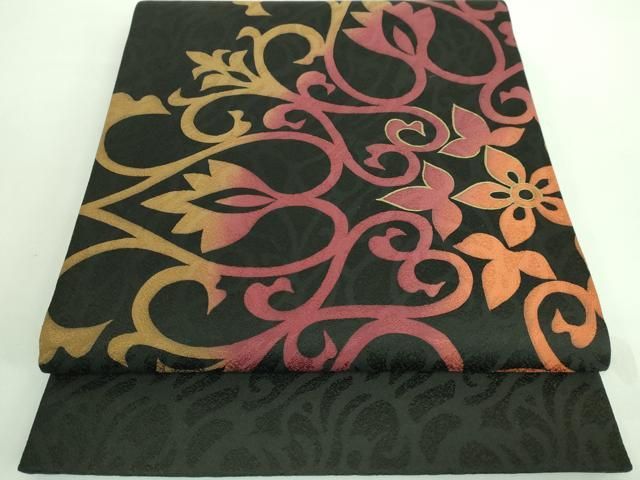 平和屋着物□極上 男性 両面 角帯 葡萄蔦の葉 笹蔓緞子 金糸 逸品