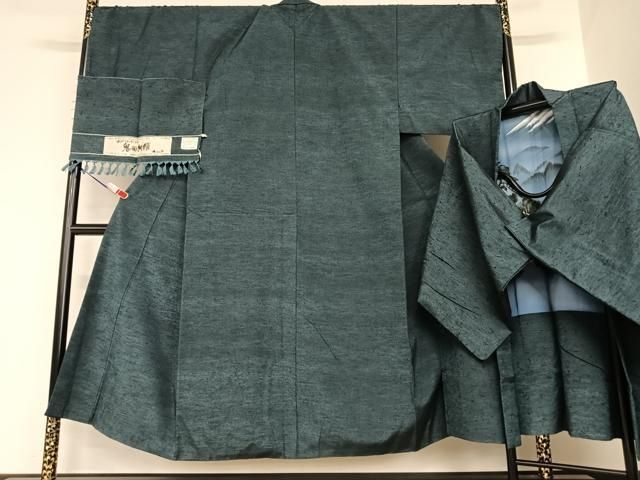 平和屋着物●男性 紬 アンサンブル 色無地 留紺色 鬼面網織 反端付き 正絹 AABA8838zg