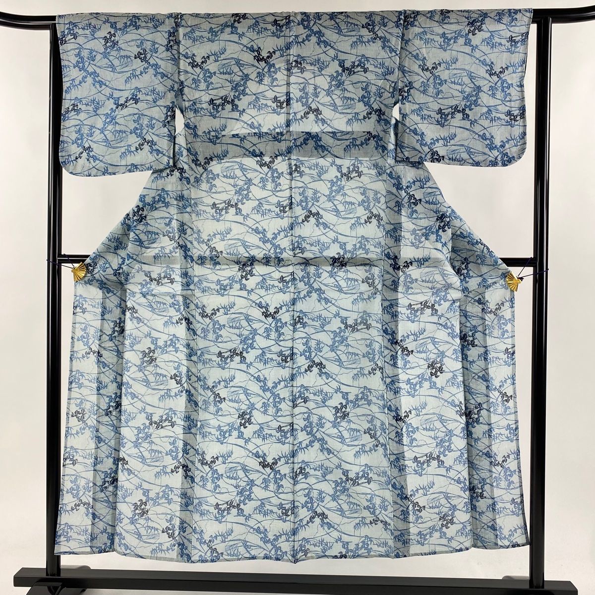 小紋 身丈152.5cm 裄丈63cm S 単衣 絹紅梅 落款 枝花 藍色 正絹 秀品