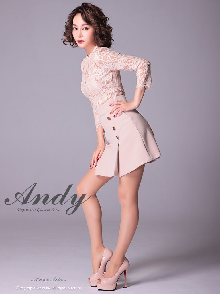 Andy Fashion Press 09】フラワーレース七分袖プリーツドレス-