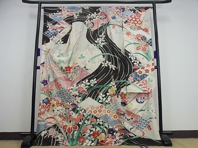 平和屋1□極上 夏物 アンティーク 大正ロマン 振袖 絽 駒刺繍 流水短冊