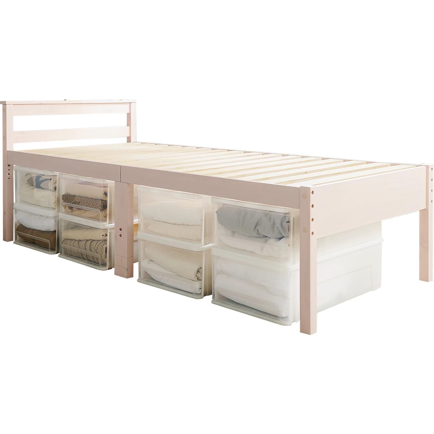 萩原 Hagihara ベッド シングル 天然木 すのこ 宮棚 コンセント 付き 床下 最大 53.5cm 耐荷重 200kg 3段階 高さ調節 幅98 奥行208 高さ67 ホワイト 1台 MB-5208S-WS