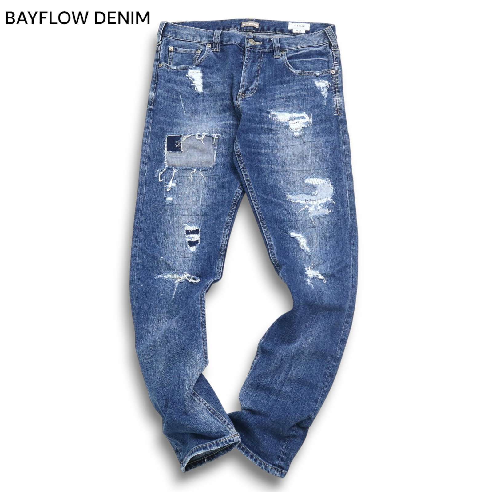 BAYFLOW ベイフロー TAPERED ダメージ&リペア加工 テーパード デニムパンツ ストレッチ W30 送料無料 美品 BAYFLOW DENIM ベイフロー ダメージ リペア加工 デニム パンツ スリム サイズ31 テーパード ジーンズ ストレッチ
