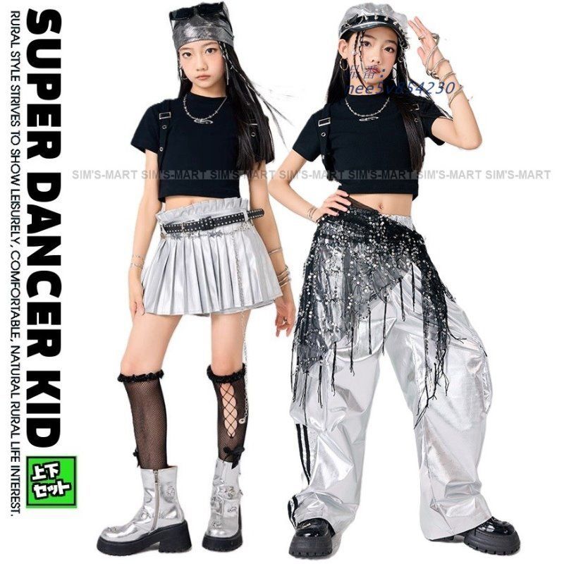 キッズダンス衣装 セットアップ ガールズ ヒップホップ 衣装 K-POP トップス 派手 プリーツスカート へそ出し 銀 韓国 シルバーメタリック 黒 nee5v854230