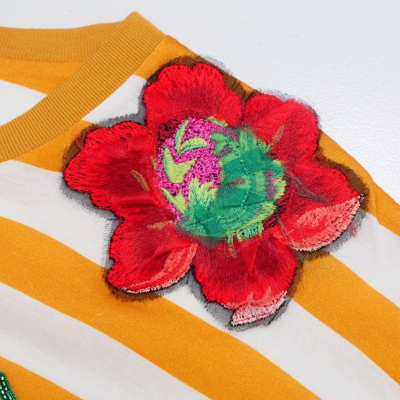  DOLCE-GABBANA ドルチェアンドガッバーナ カットソー サイズ38 フラワー ビーズ ロゴ装飾 Tシャツ ボーダー イタリア製 ブランド古着 RA 0117 アンサンブル トップス