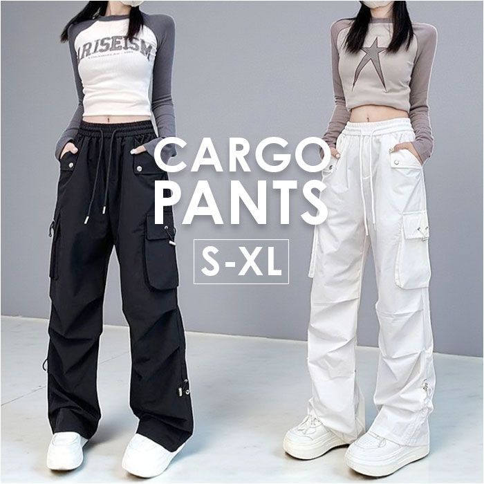 1669A ウィムガゼット カーゴパンツ イージー ウエストゴム 白 フリー セール】【ウエスト、ゴム＋紐 リラックスカーゴパンツ】Wide