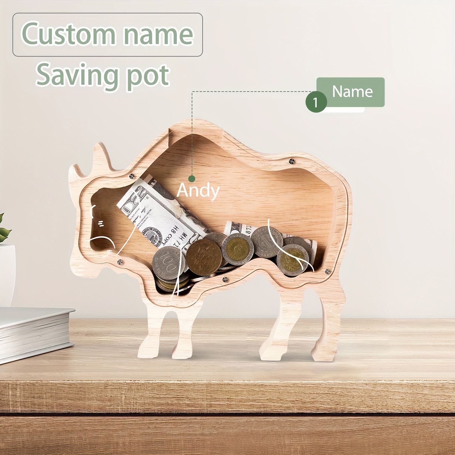 個人の「アンディ」名の木製貯金箱 - 耐久性のある牛の形状の