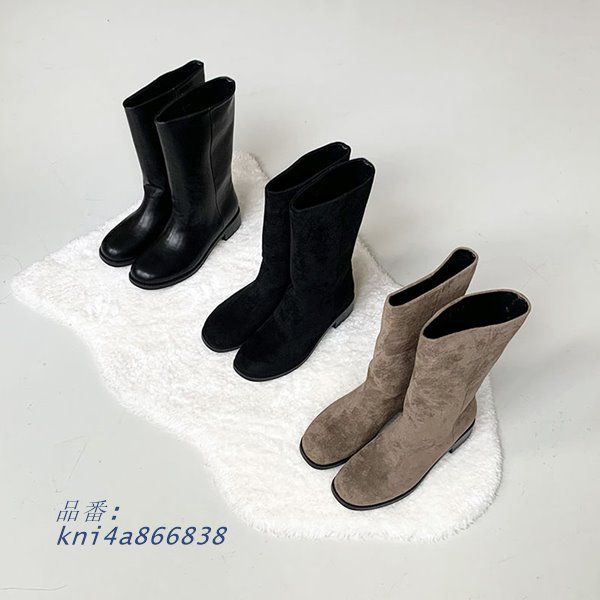ミドル丈ブーツ ブーツ スエードタッチ レザータッチ ブラック ベージュスエード ラウンドトゥ デイ 楽ちん 履きやすい ローヒール kni4a866838
