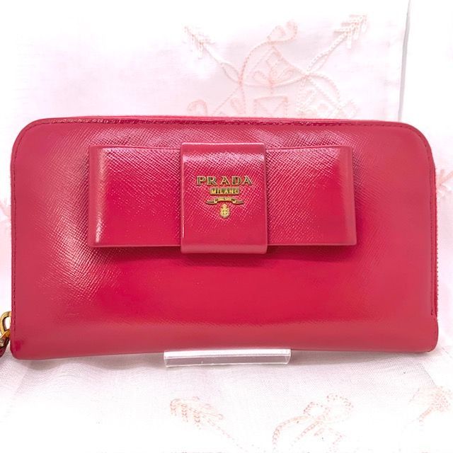 ☆美品☆ PRADA プラダ 長財布 リボン ピンク ラウンドファスナー