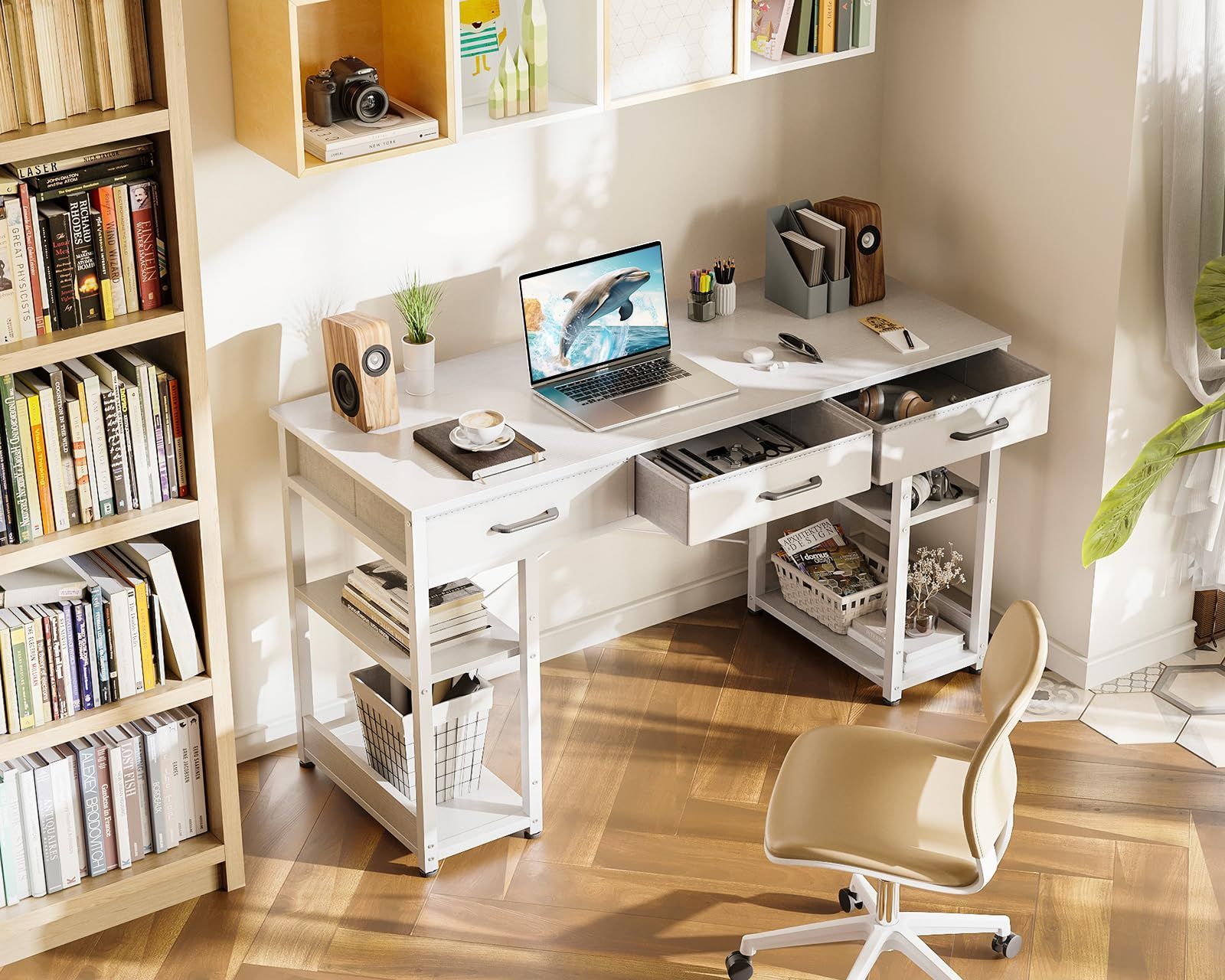 大 勉強机 ワークデスク desk computer 子 スリムデスク ラック付きデスク 引き出し3杯付き おしゃれ ゲーミングデスク 幅120cm テレワーク用 パソコンデスク 省スペース pcデスク 机 白い ODK