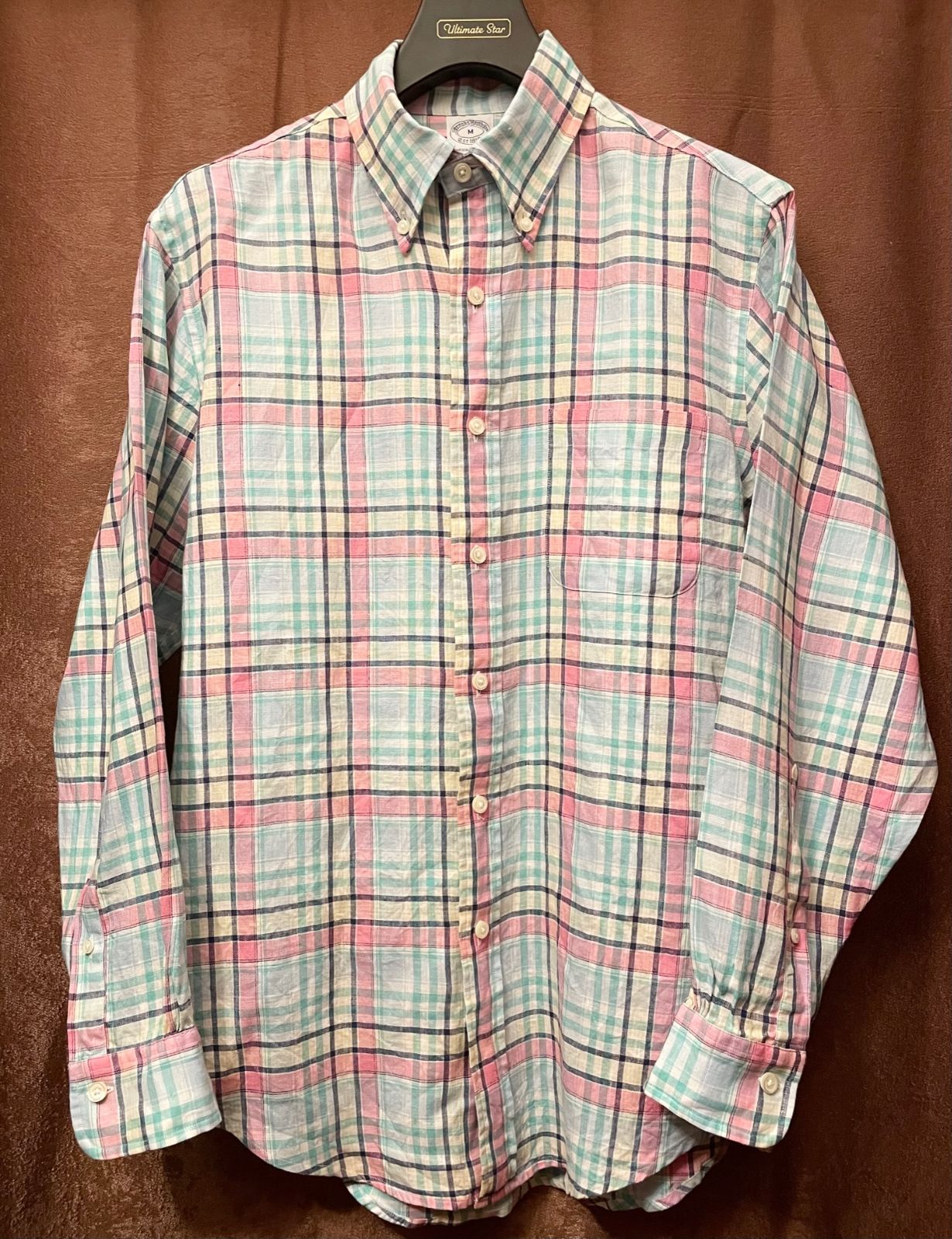 BROOKS BROTHERS irish linen 長袖チェック柄ボダンダウンリネンシャツ マルチカラー Mサイズ