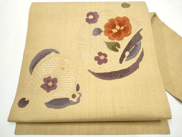 平和屋着物▽中国三大刺繍 相良刺繍 九寸名古屋帯 スリーシーズン帯 春夏秋 紬地 刺し子 総刺繍 和紙 番傘 正絹 逸品 未使用 DAAZ0301ps 平和屋着物○中国三大刺繍 スワトウ相良刺繍 総刺繍 太鼓柄袋帯 紬地