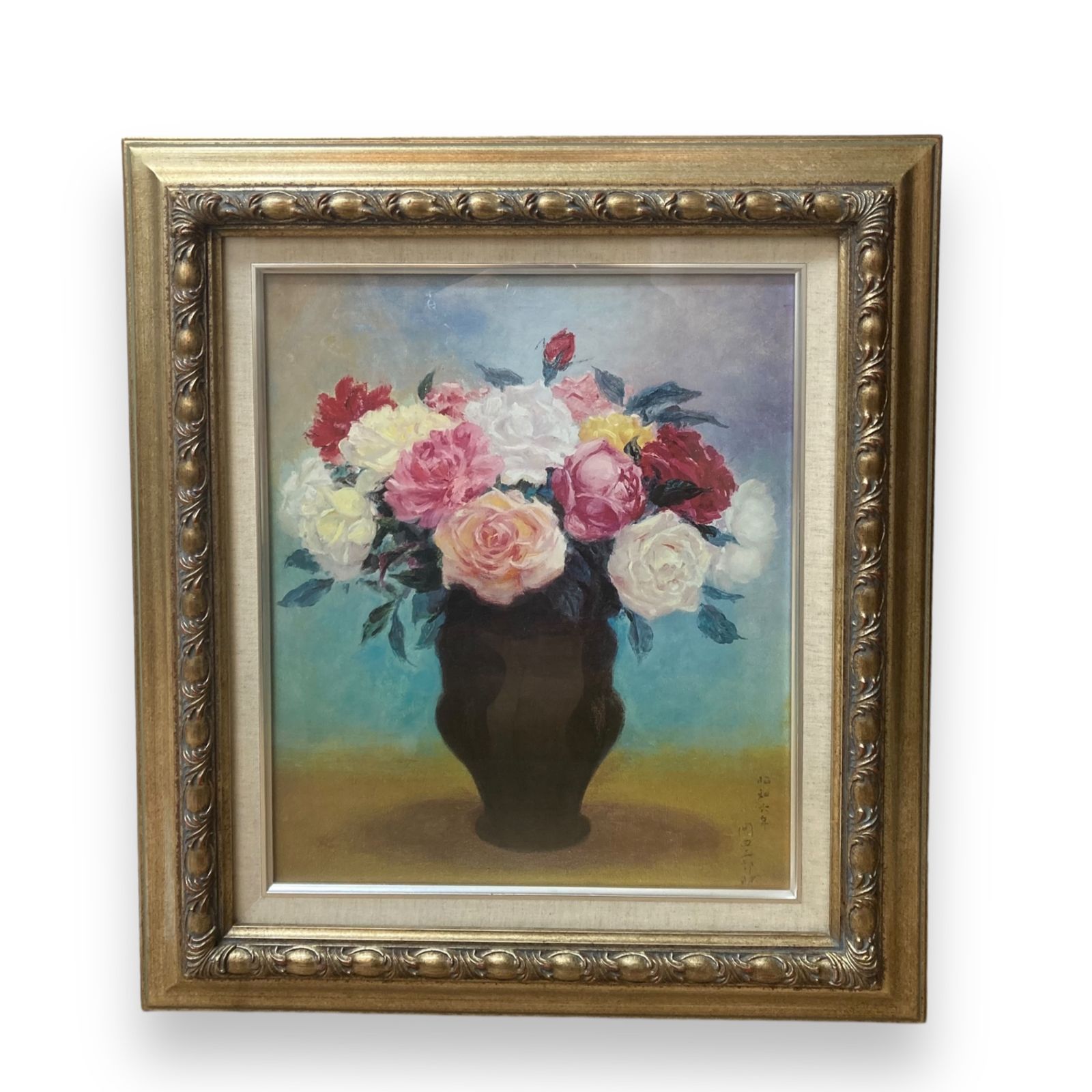 岡田三郎助バラ油絵額入り (たぬき) 周防花岡のインテリア雑貨