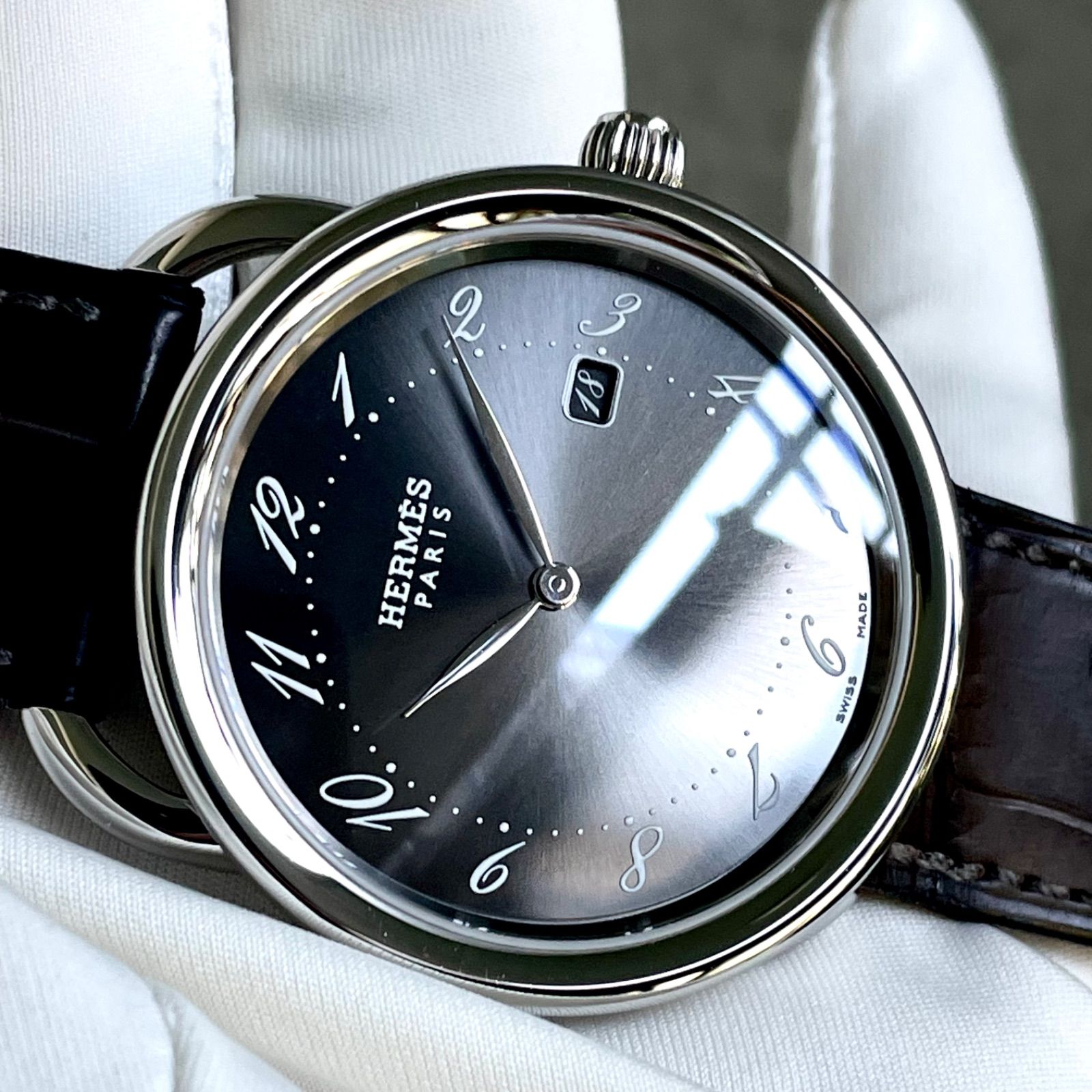 美品 Hermes エルメス アルソー グレー文字盤 AR5.710 メンズ デイト