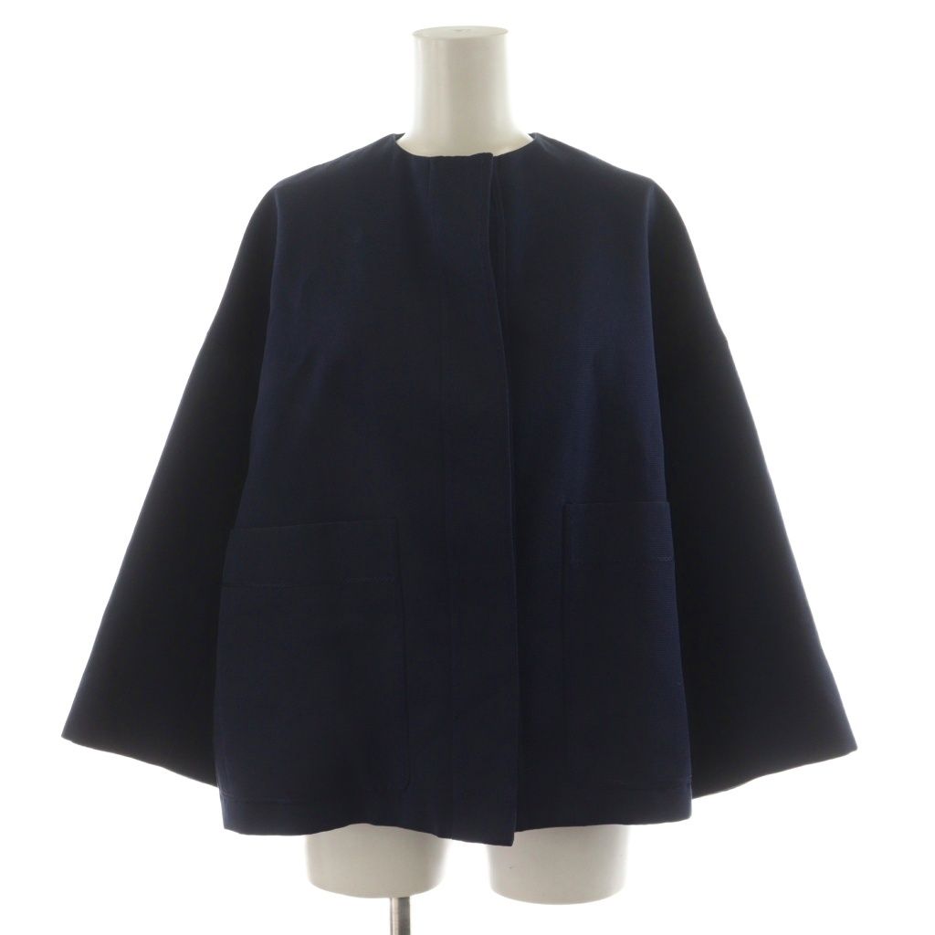 DRAWER ノーカラーコート Mサイズ シルク デザインボタン ダブル 黒色 louere ノーカラーダブルボタンジャケット[品番：AMTW0010027