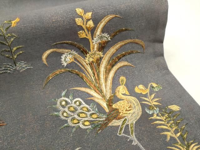 平和屋着物＃羽織 寿光織 地紙孔雀花文 黒地 金銀糸 正絹 逸品