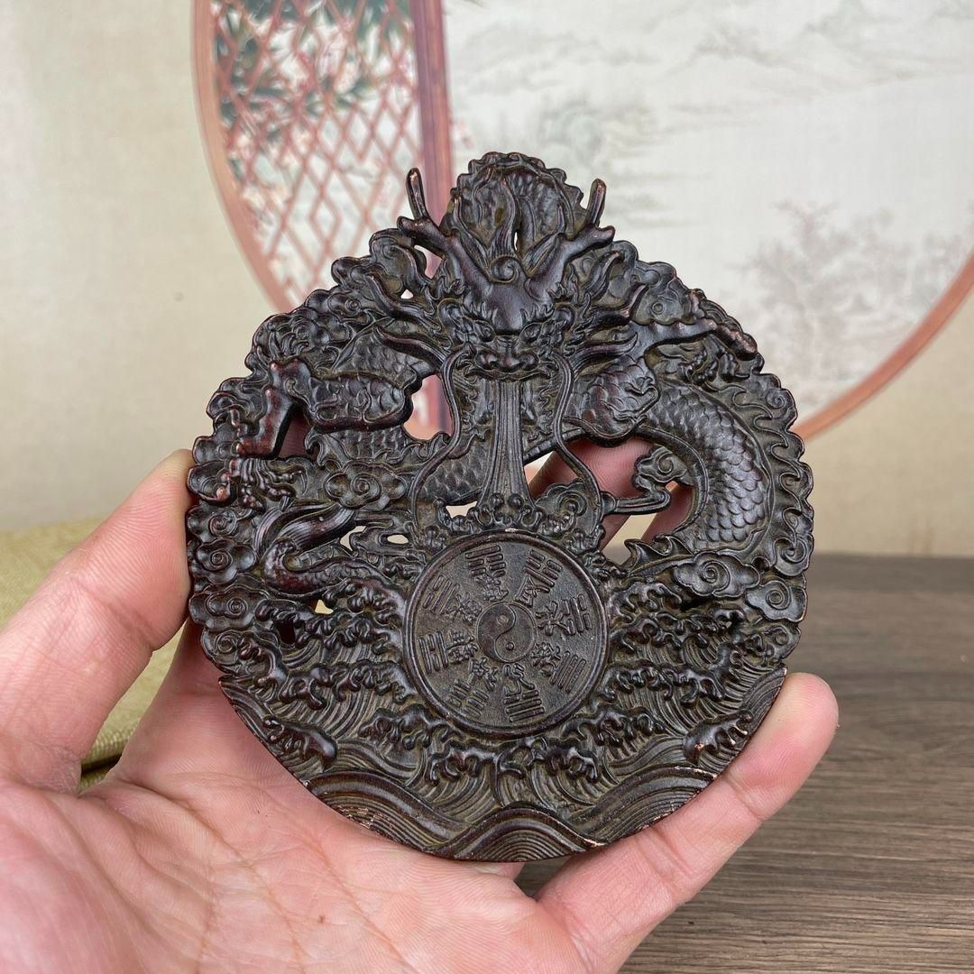 銅 細工 乾坤陰陽八卦龍牌 神龍吸水八卦鏡 掛物 応接間 玄関 車