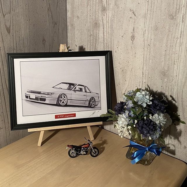 クラシックカー 油彩画 サインあり TOYOTA シルビア S13【鉛筆画】名車 旧車 オールドカー