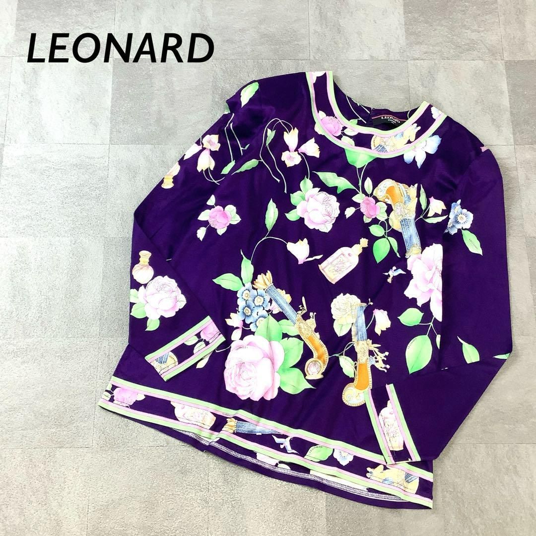 LEONARD レオナール カンカン バラ 柄 カットソー 長袖 バックファスナー パープル