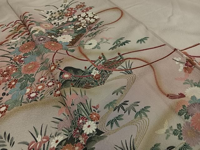 平和屋着物○訪問着 刺繍 雪輪兎草花文 暈し染め 金彩 正絹