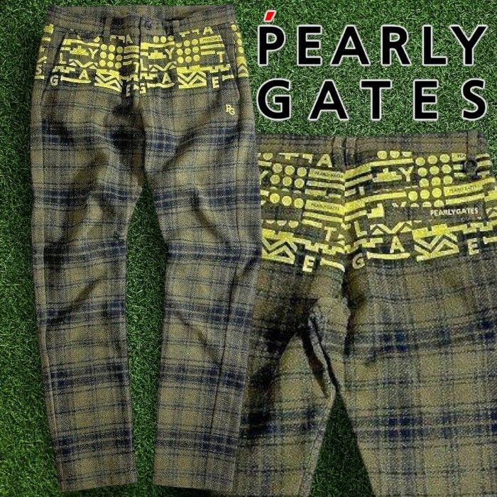 PEARLY GATES パーリーゲイツ ゴルフ ブリスター ジャガード ボンディング加工 チェック柄 ナバホ柄 ストレッチ ロングパンツ 053-2231111 定価3.6万 オリーブカーキ ブラック ▲040 50207w02