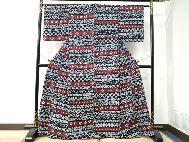 平和屋着物○上質な小紋 総絞り 横段吉祥花唐草文 正絹