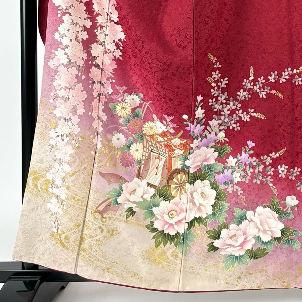 振袖 身丈161cm 裄丈63cm S 袷 御所車 桜 箔 金彩 赤 正絹 美品