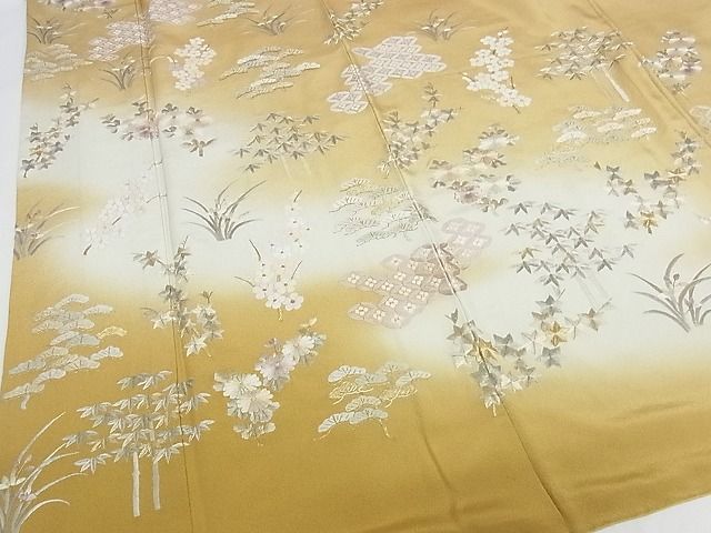 平和屋着物□極上 道行コート 駒刺繍 枝花文 白橡色地