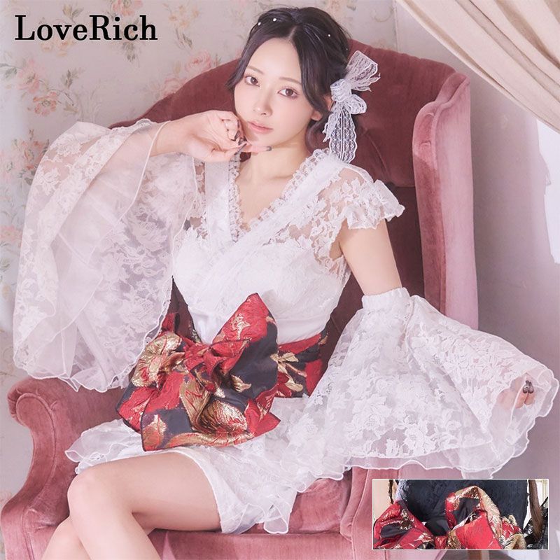 LoveRich ラブリッチ 【高級ライン】【2カラー/3点セット】花柄レース フレアスリーブ ミニスカート ロング 豪華 花魁 着物 ドレス コスプレ イベント [1366] LoveRich ラブリッチ 【高級ライン】【2カラー/3点セット】花柄レース