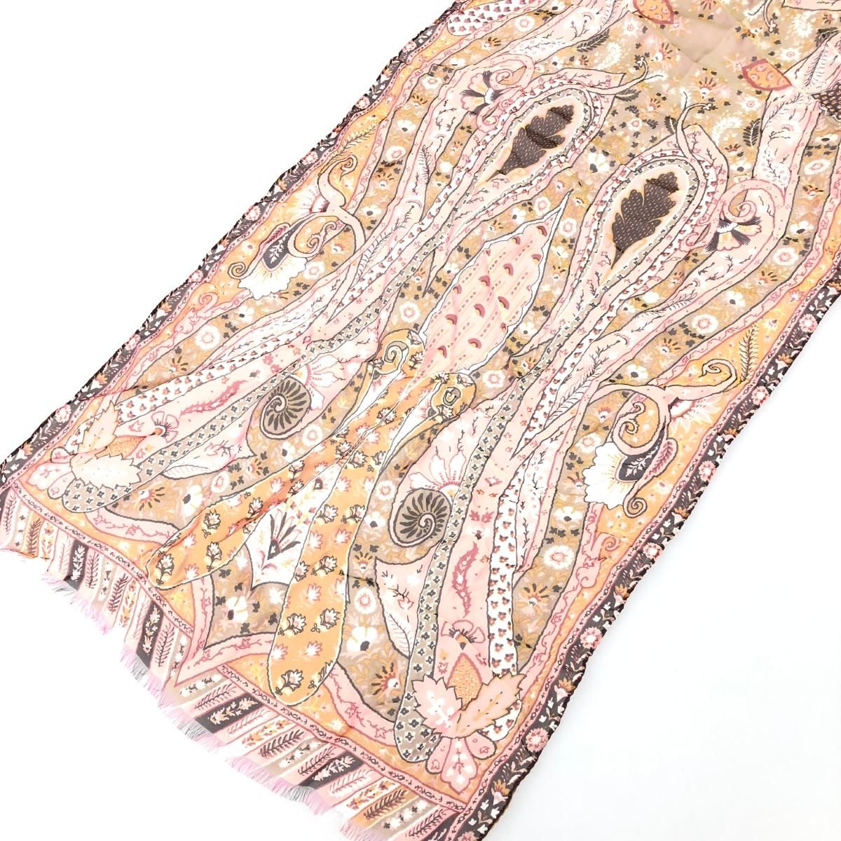 美品 エトロ ETRO スカーフ 大判 シルク ブラウン ペイズリー 絹