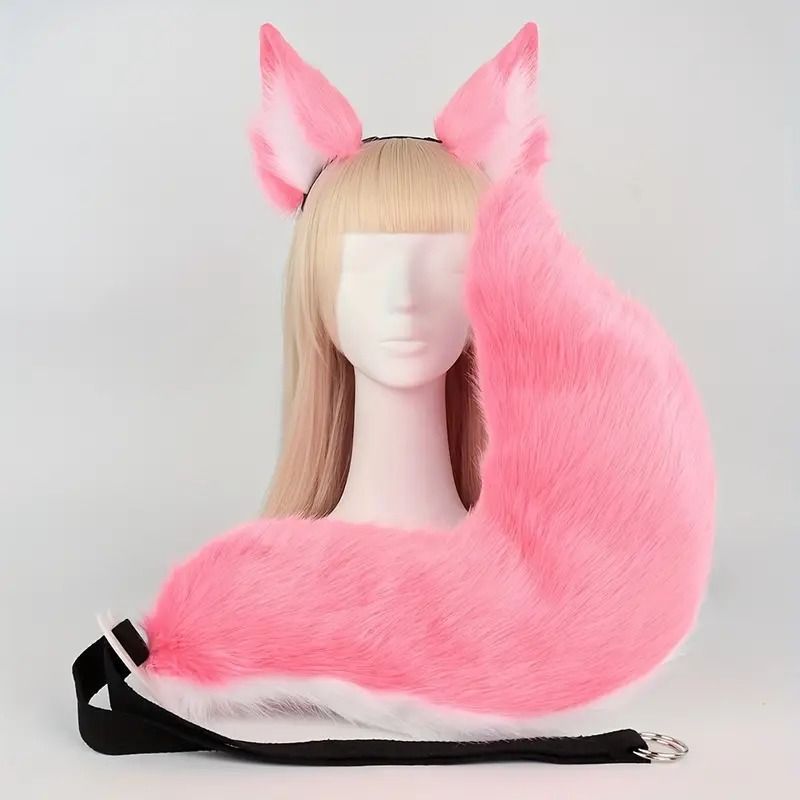 フォックス コススーツ ハロウィン ハロウィーン 仮装 パーティー ピンク ドレスアップ イヤー シミュレーション プラッシュ フラッフィー ビッグ フォックステール アクセサリー
