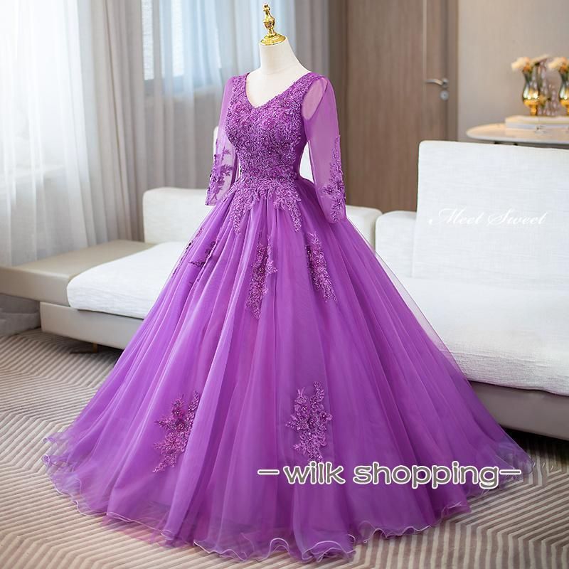 ロングドレス　二次会　ドレス 演奏会 刺繍 ウェディングドレス　Ｖネック　編み上げ結婚式・披露宴・演奏会・発表会・二次会パーティー・カラードレス | [VANDROUP] ロング ロングドレス 刺繍 演奏会 結婚式 S