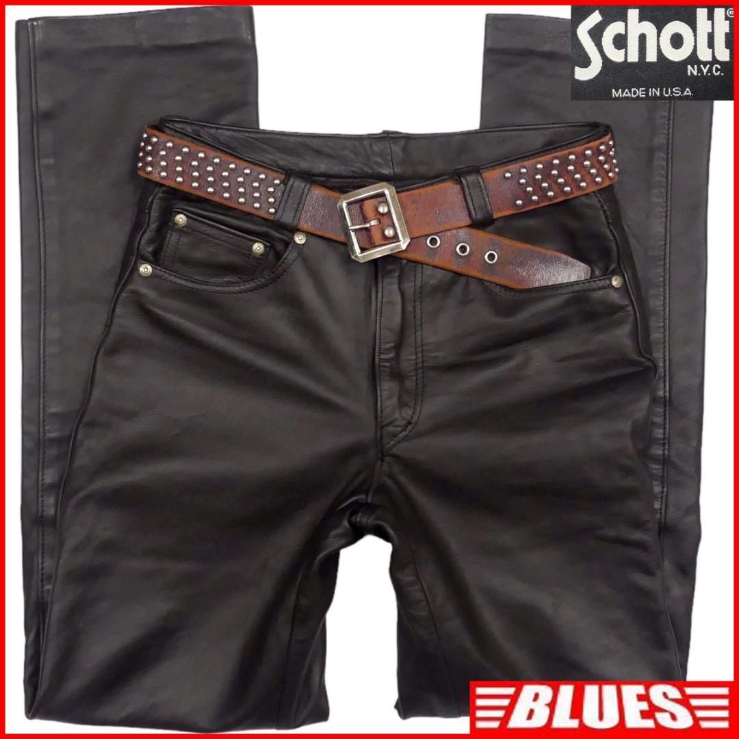 美品 Lサイズ SCHOTT ショット レザーパンツ 牛革 本革 ブラック Schott N.Y.C 大きいサイズ ショット ブーツカット レザーパンツ