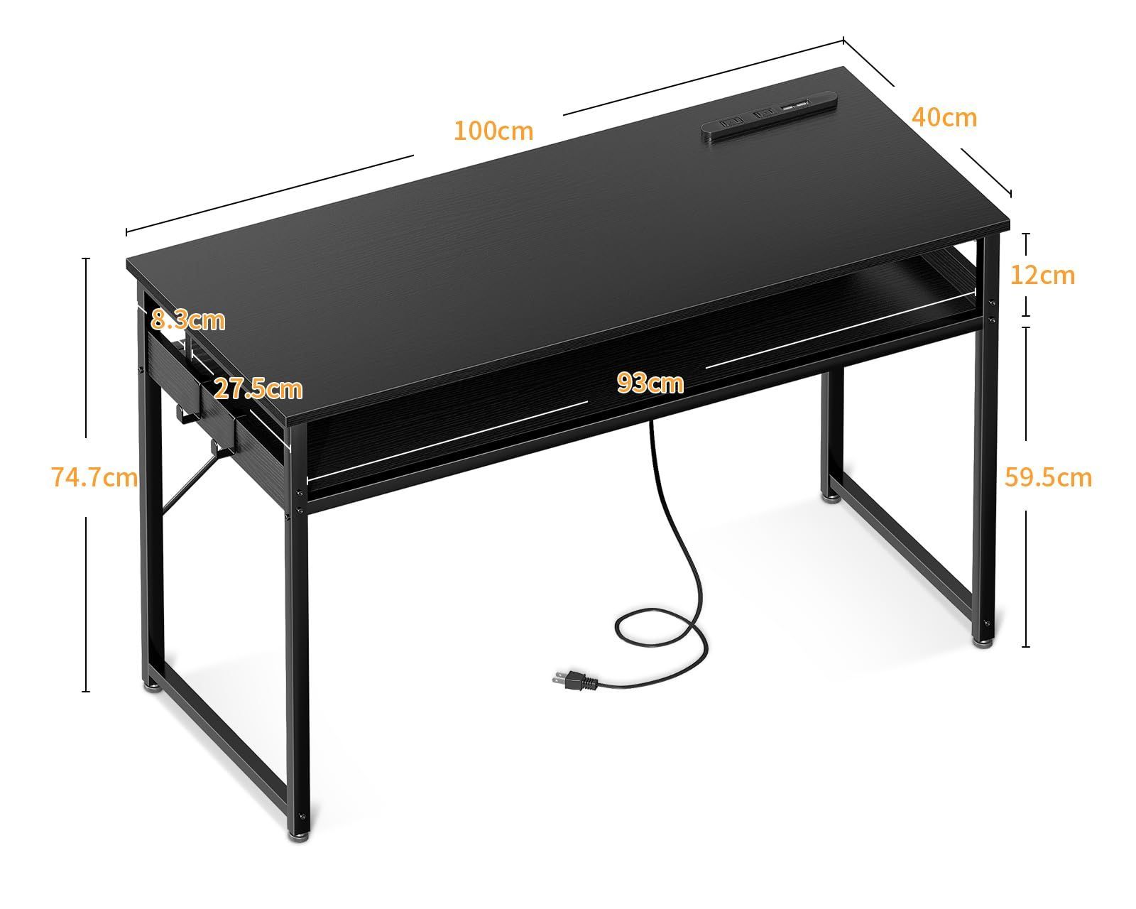 在庫 フック2個付き ワークデスク 子 コンパクト desk computer テレワーク用 勉強机 コンセント付き 収納付き 省スペース ゲーミングデスク 幅100cm 組立簡単 パソコンデスク pcデスク 黒い 机 ODK MARWIL-DEMENAGEMENTS_CH