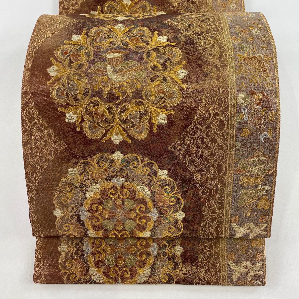 袋帯 美品 秀品 華文 花喰い鳥 金銀糸 箔 茶色 六通 正絹 【中古