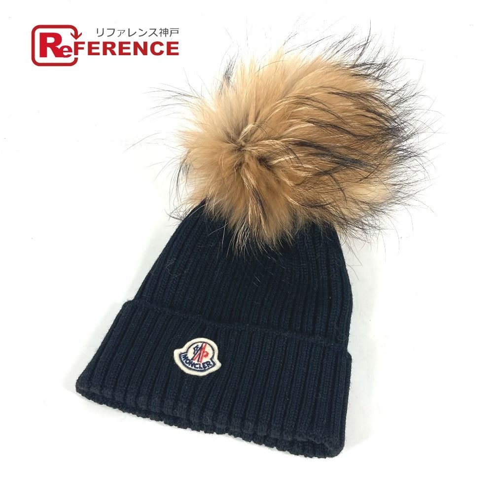 MONCLER ブラック ニット帽 ファー付き モンクレール ニット帽 黒 ブラック フォックス ファー リアル