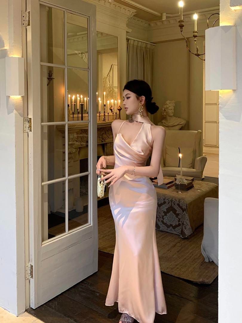 高級サテンキャミドレス ロング丈 結婚式パーティースカーフ